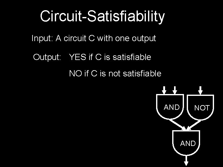 Circuit-Satisfiability Input: A circuit C with one output Output: YES if C is satisfiable