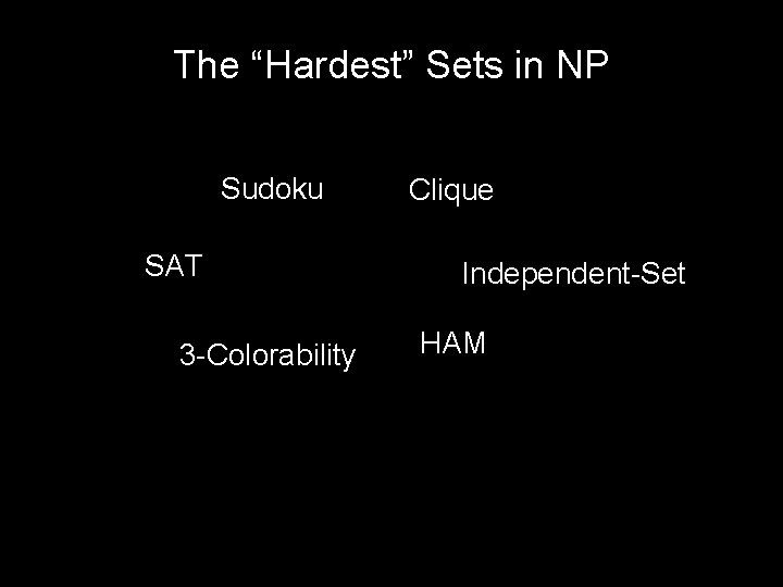 The “Hardest” Sets in NP Sudoku SAT 3 -Colorability Clique Independent-Set HAM 