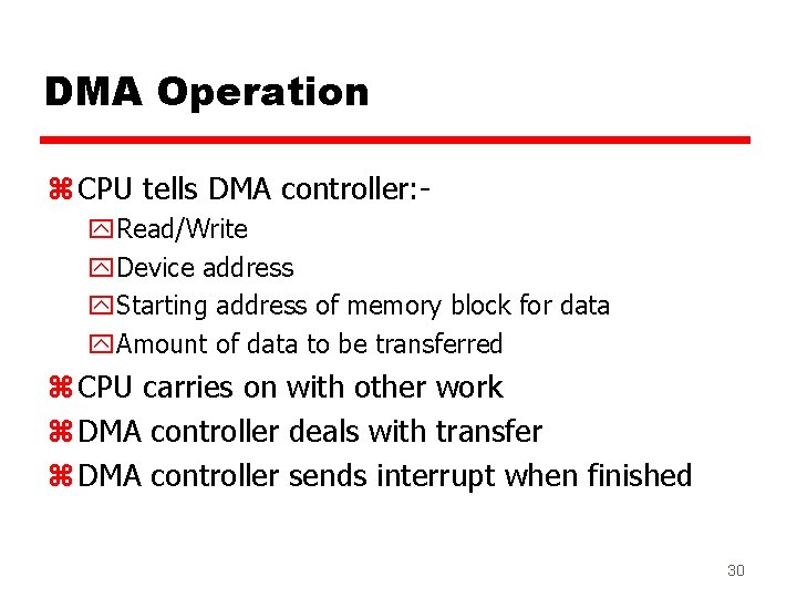 DMA Operation z CPU tells DMA controller: y. Read/Write y. Device address y. Starting DMA Operation z CPU tells DMA controller: y. Read/Write y. Device address y. Starting