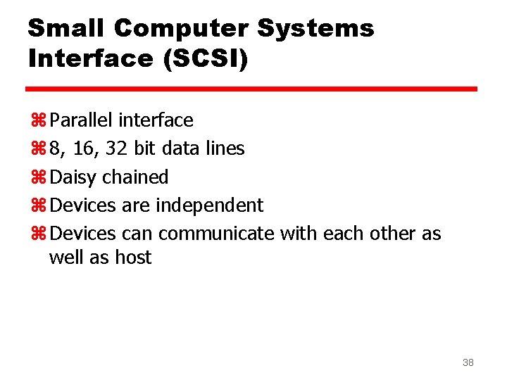 Small Computer Systems Interface (SCSI) z Parallel interface z 8, 16, 32 bit data Small Computer Systems Interface (SCSI) z Parallel interface z 8, 16, 32 bit data