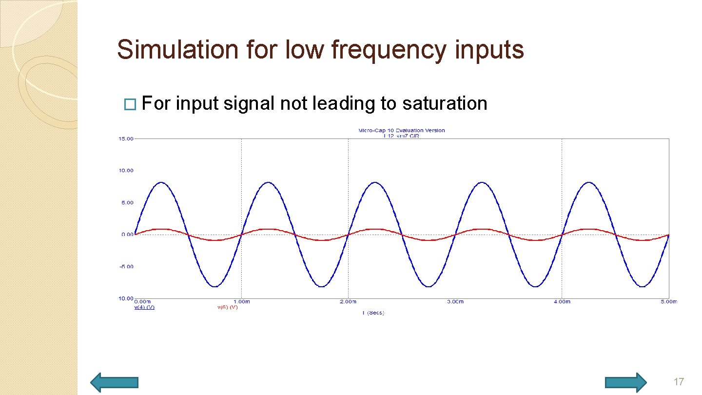 Simulation for low frequency inputs � For input signal not leading to saturation 17