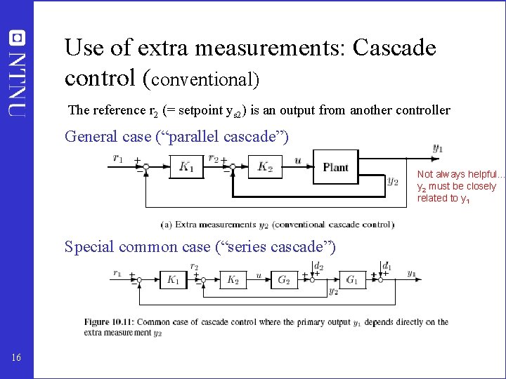 Use of extra measurements: Cascade control (conventional) The reference r 2 (= setpoint ys