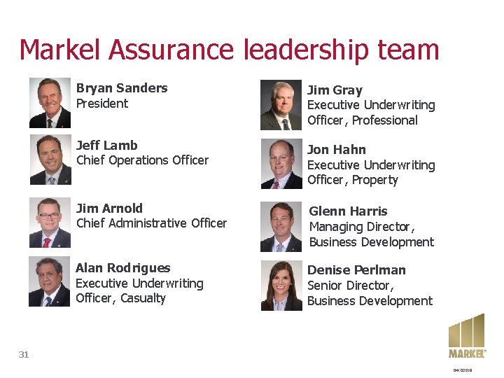 Markel Assurance leadership team Bryan Sanders President Jim Gray Executive Underwriting Officer, Professional Jeff Markel Assurance leadership team Bryan Sanders President Jim Gray Executive Underwriting Officer, Professional Jeff