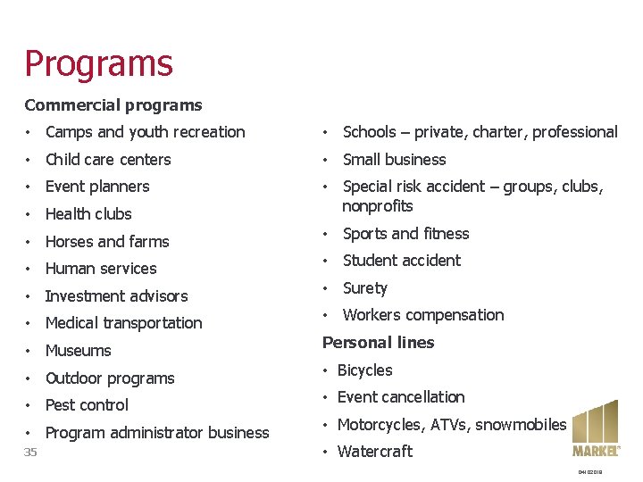 Programs Commercial programs • Camps and youth recreation • Schools – private, charter, professional Programs Commercial programs • Camps and youth recreation • Schools – private, charter, professional