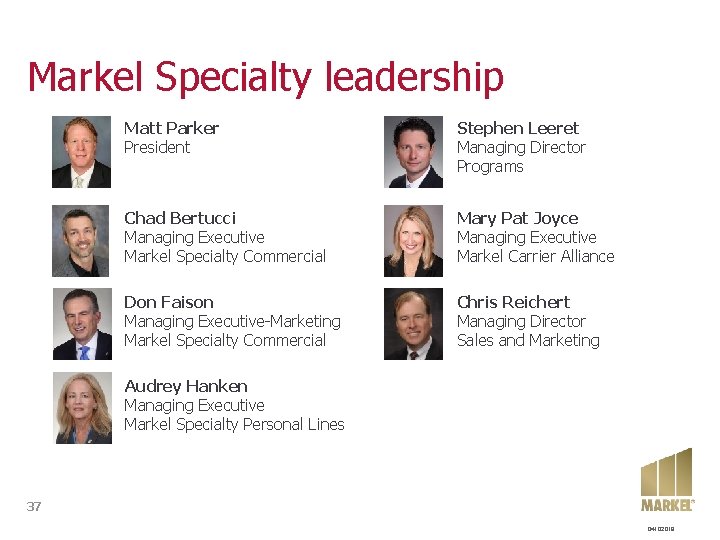 Markel Specialty leadership Matt Parker President Stephen Leeret Managing Director Programs Chad Bertucci Managing Markel Specialty leadership Matt Parker President Stephen Leeret Managing Director Programs Chad Bertucci Managing