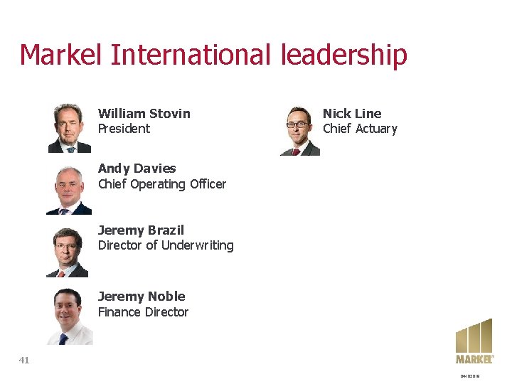 Markel International leadership William Stovin President Nick Line Chief Actuary Andy Davies Chief Operating Markel International leadership William Stovin President Nick Line Chief Actuary Andy Davies Chief Operating