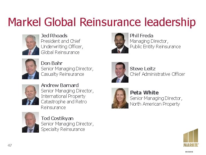 Markel Global Reinsurance leadership Jed Rhoads President and Chief Underwriting Officer, Global Reinsurance Don Markel Global Reinsurance leadership Jed Rhoads President and Chief Underwriting Officer, Global Reinsurance Don