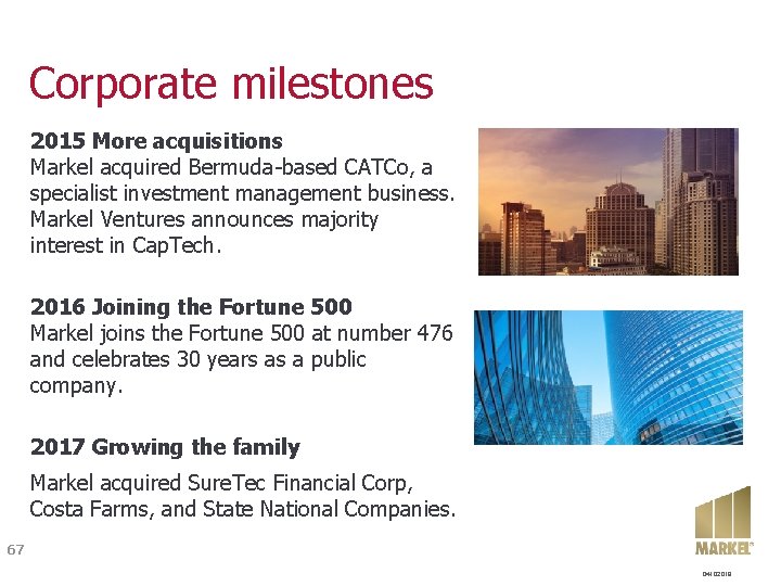 Corporate milestones 2015 More acquisitions Markel acquired Bermuda-based CATCo, a specialist investment management business. Corporate milestones 2015 More acquisitions Markel acquired Bermuda-based CATCo, a specialist investment management business.