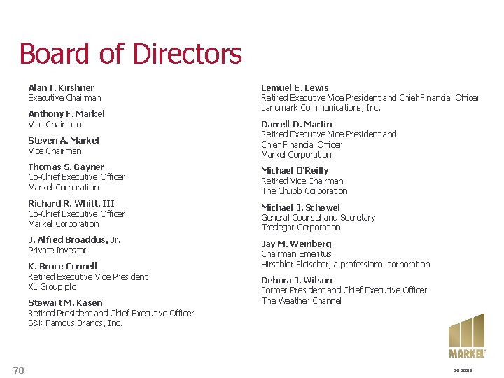 Board of Directors Alan I. Kirshner Executive Chairman Anthony F. Markel Vice Chairman Steven Board of Directors Alan I. Kirshner Executive Chairman Anthony F. Markel Vice Chairman Steven