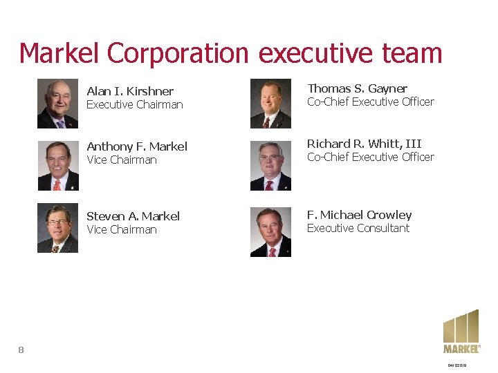 Markel Corporation executive team Alan I. Kirshner Executive Chairman Thomas S. Gayner Co-Chief Executive Markel Corporation executive team Alan I. Kirshner Executive Chairman Thomas S. Gayner Co-Chief Executive