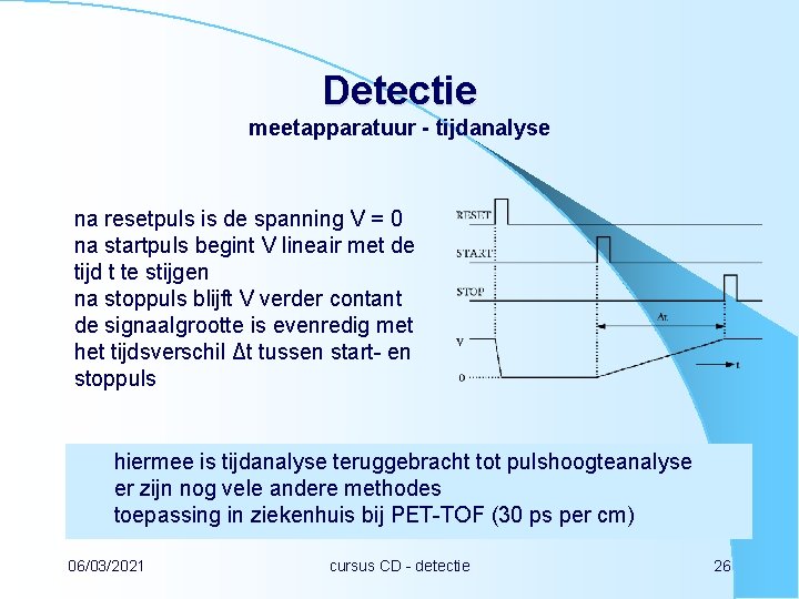 Detectie meetapparatuur - tijdanalyse na resetpuls is de spanning V = 0 na startpuls