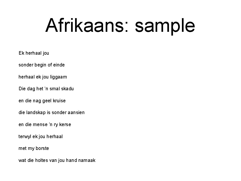 Afrikaans: sample Ek herhaal jou sonder begin of einde herhaal ek jou liggaam Die