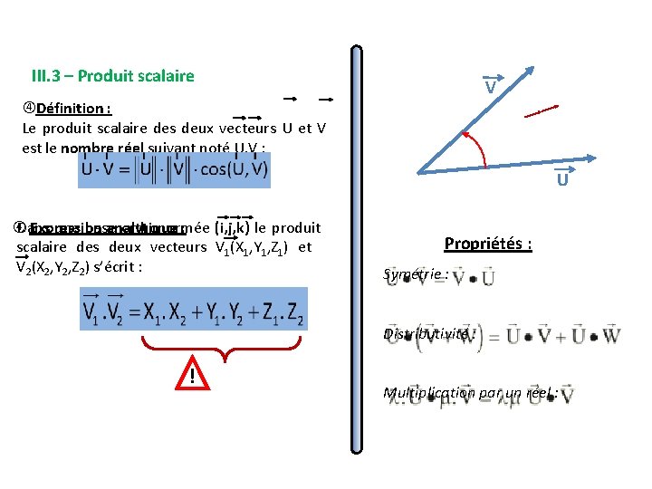 III. 3 – Produit scalaire V Définition : Le produit scalaire des deux vecteurs III. 3 – Produit scalaire V Définition : Le produit scalaire des deux vecteurs