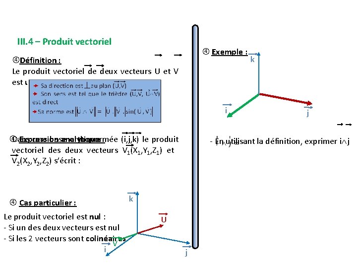 III. 4 – Produit vectoriel Exemple : Définition : Le produit vectoriel de deux III. 4 – Produit vectoriel Exemple : Définition : Le produit vectoriel de deux