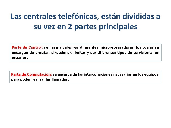 Las centrales telefónicas, están divididas a su vez en 2 partes principales Parte de