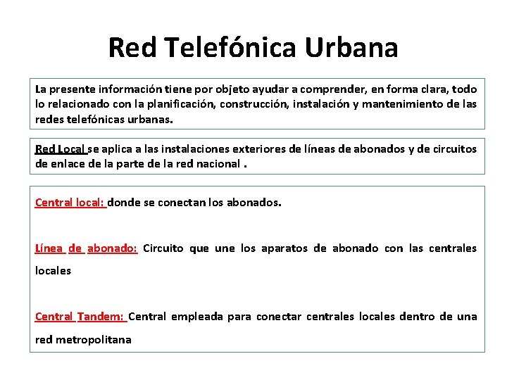 Red Telefónica Urbana La presente información tiene por objeto ayudar a comprender, en forma