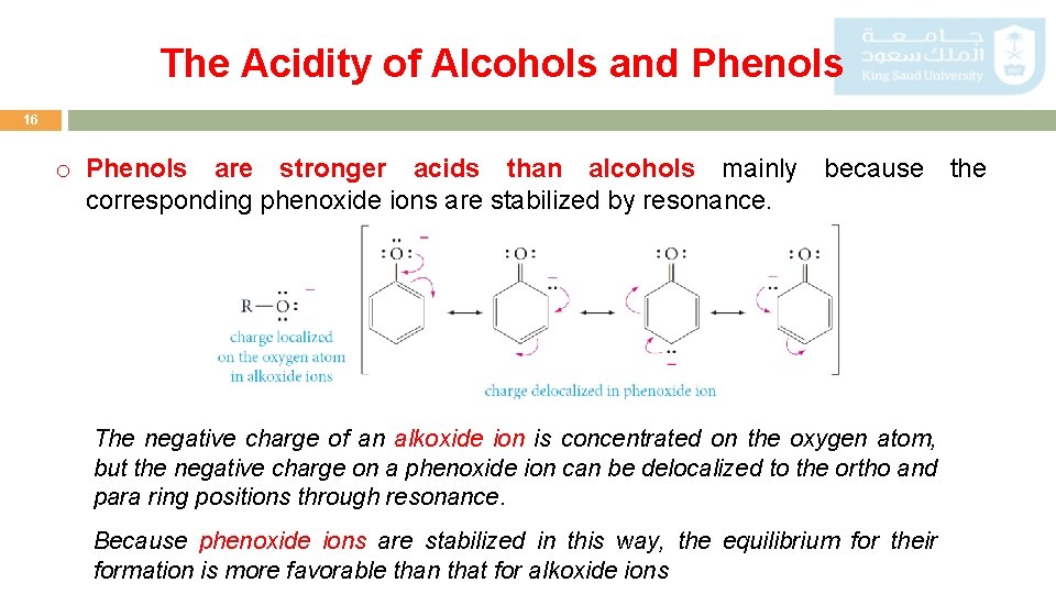 The Acidity of Alcohols and Phenols 16 o Phenols are stronger acids than alcohols