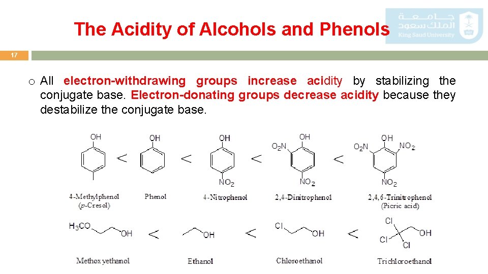 The Acidity of Alcohols and Phenols 17 o All electron-withdrawing groups increase acidity by