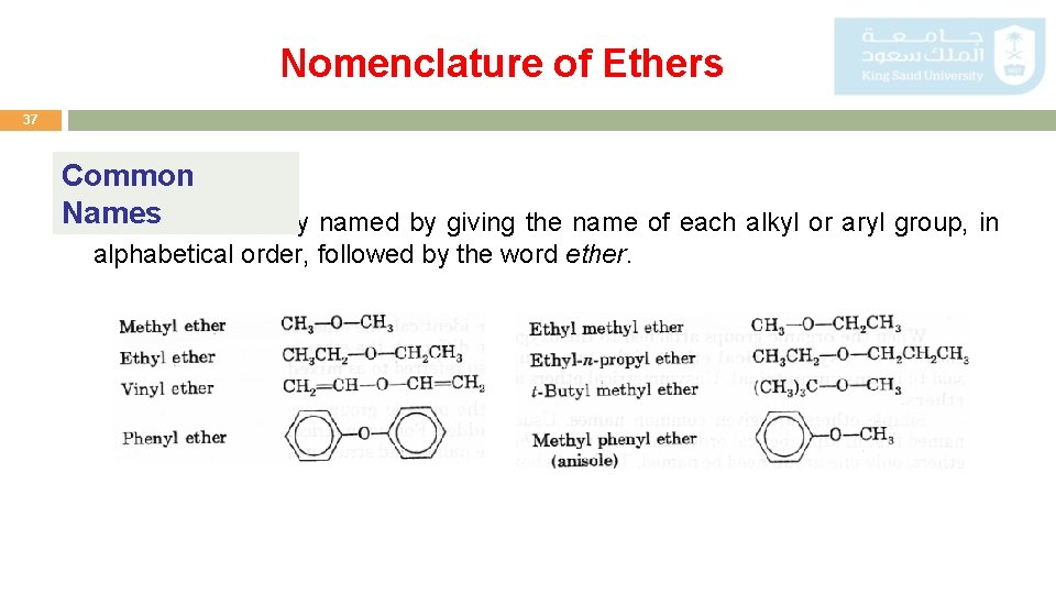 Nomenclature of Ethers 37 Common Names Ethers are usually named by giving the name