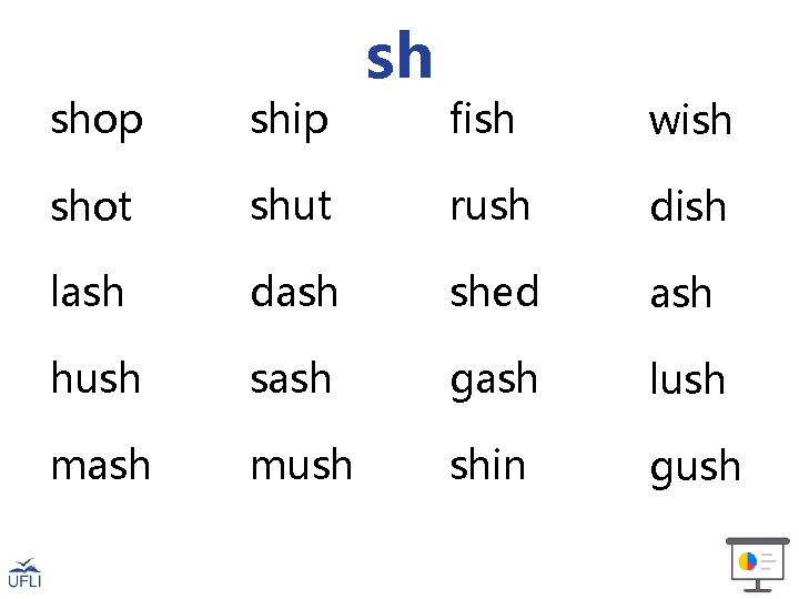 shop ship shot sh fish wish shut rush dish lash dash shed ash hush
