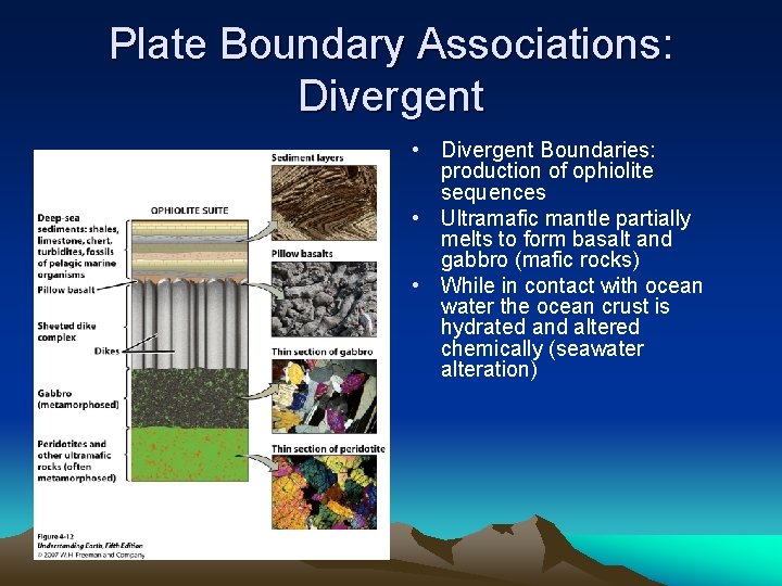 Plate Boundary Associations: Divergent • Divergent Boundaries: production of ophiolite sequences • Ultramafic mantle