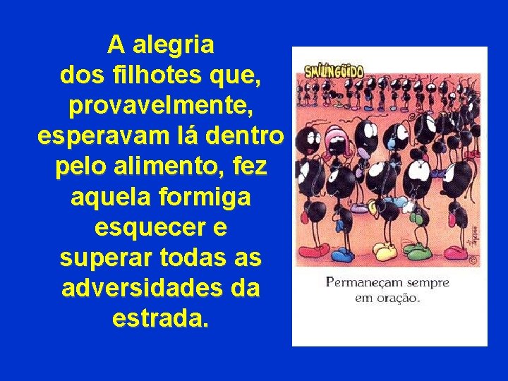 A alegria dos filhotes que, provavelmente, esperavam lá dentro pelo alimento, fez aquela formiga