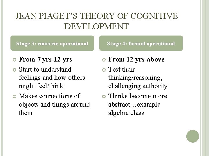 JEAN PIAGET’S THEORY OF COGNITIVE DEVELOPMENT Stage 3: concrete operational From 7 yrs-12 yrs