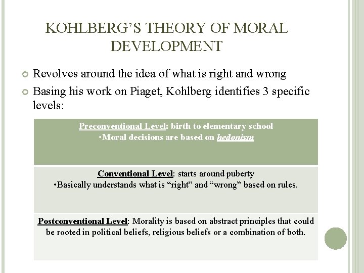 KOHLBERG’S THEORY OF MORAL DEVELOPMENT Revolves around the idea of what is right and