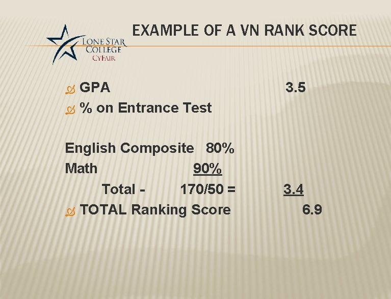 EXAMPLE OF A VN RANK SCORE GPA % on Entrance Test English Composite 80% EXAMPLE OF A VN RANK SCORE GPA % on Entrance Test English Composite 80%