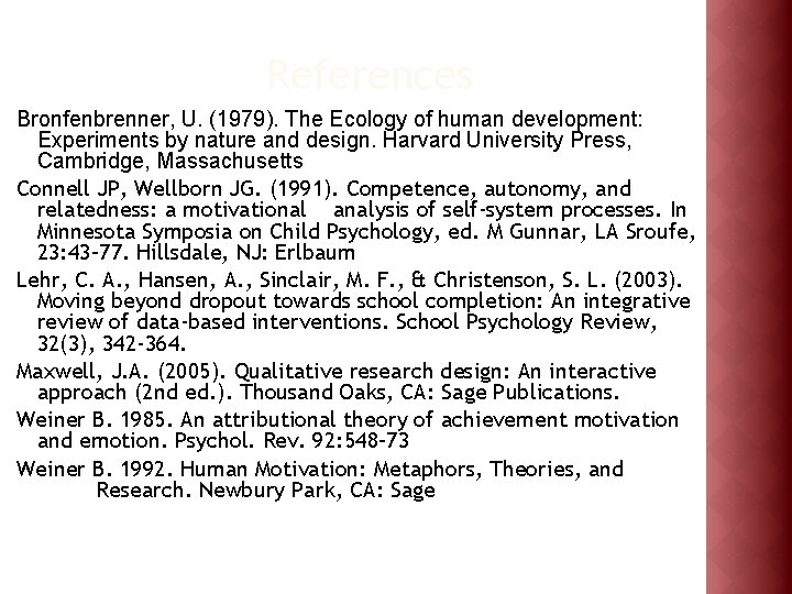 References Bronfenbrenner, U. (1979). The Ecology of human development: Experiments by nature and design.