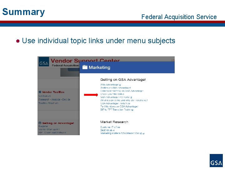 Summary Federal Acquisition Service ● Use individual topic links under menu subjects 