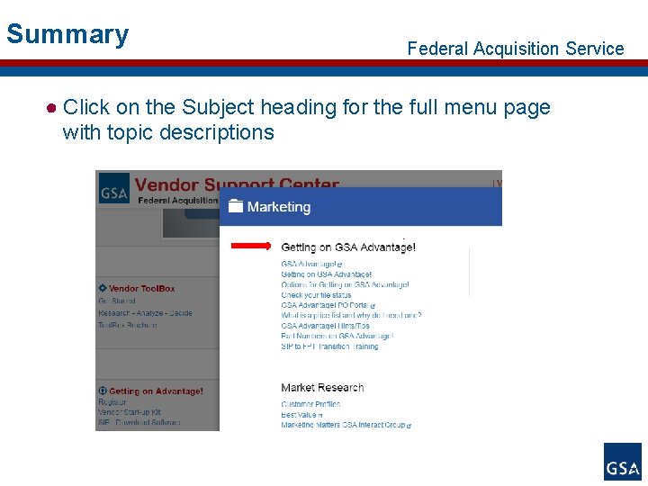 Summary Federal Acquisition Service ● Click on the Subject heading for the full menu