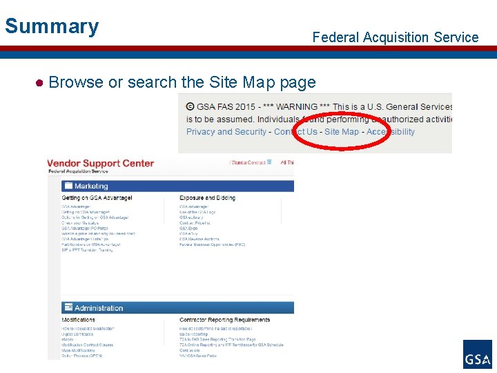 Summary Federal Acquisition Service ● Browse or search the Site Map page 