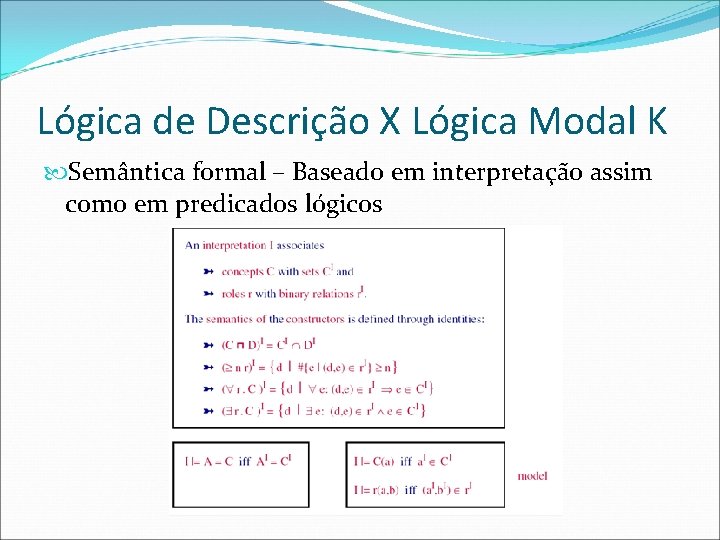 Lógica de Descrição X Lógica Modal K Semântica formal – Baseado em interpretação assim