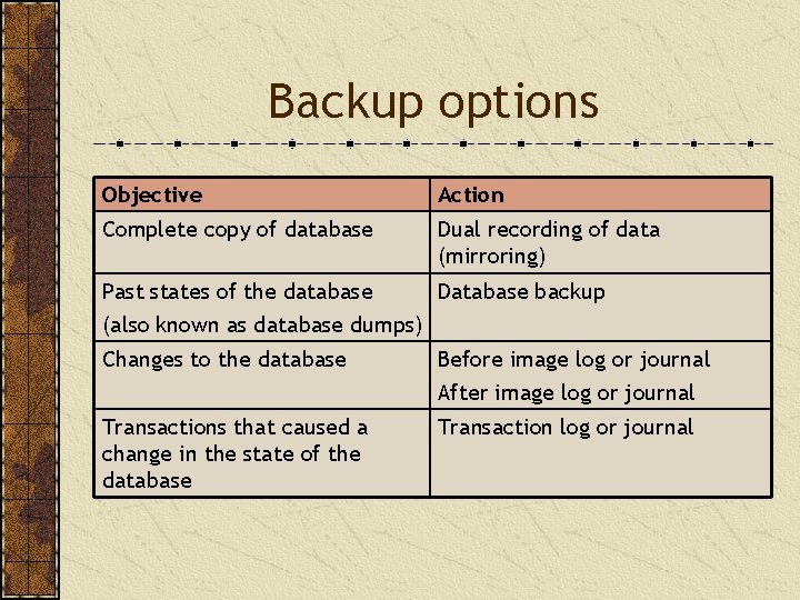 Backup options Objective Action Complete copy of database Dual recording of data (mirroring) Past