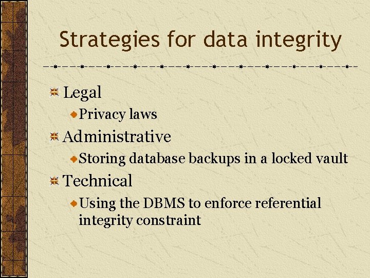 Strategies for data integrity Legal Privacy laws Administrative Storing database backups in a locked