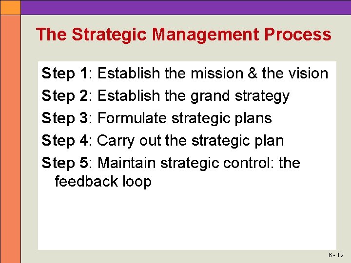The Strategic Management Process Step 1: Establish the mission & the vision Step 2: