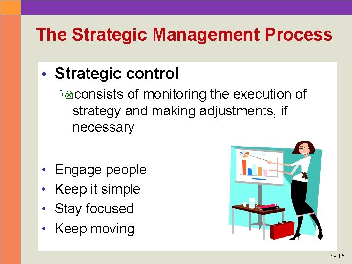 The Strategic Management Process • Strategic control consists of monitoring the execution of strategy