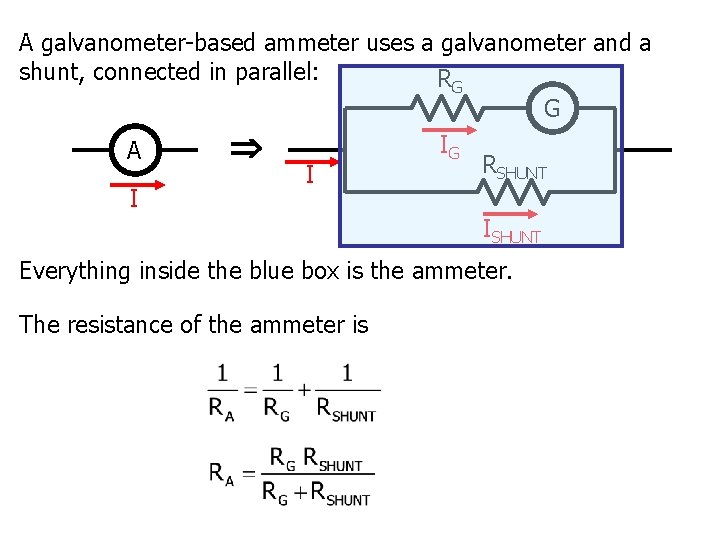 A galvanometer-based ammeter uses a galvanometer and a shunt, connected in parallel: RG G