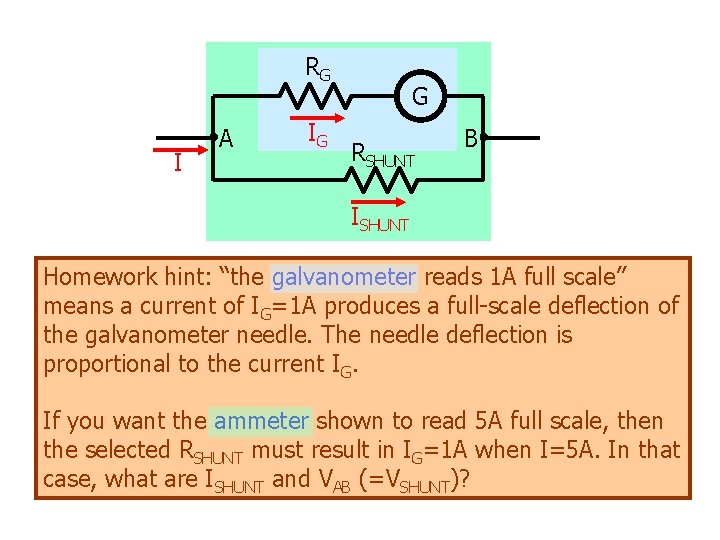 RG I A IG G RSHUNT B ISHUNT Homework hint: “the galvanometer reads 1