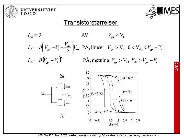 Transistorstørrelser 2007 INF 3400/4400 våren 2007 Utvidet transistormodell og DC karakteristikk for inverter og