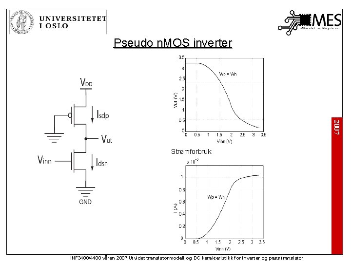 Pseudo n. MOS inverter 2007 Strømforbruk: INF 3400/4400 våren 2007 Utvidet transistormodell og DC