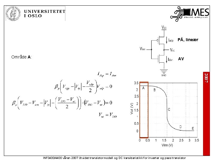 PÅ, lineær Område A: AV 2007 INF 3400/4400 våren 2007 Utvidet transistormodell og DC