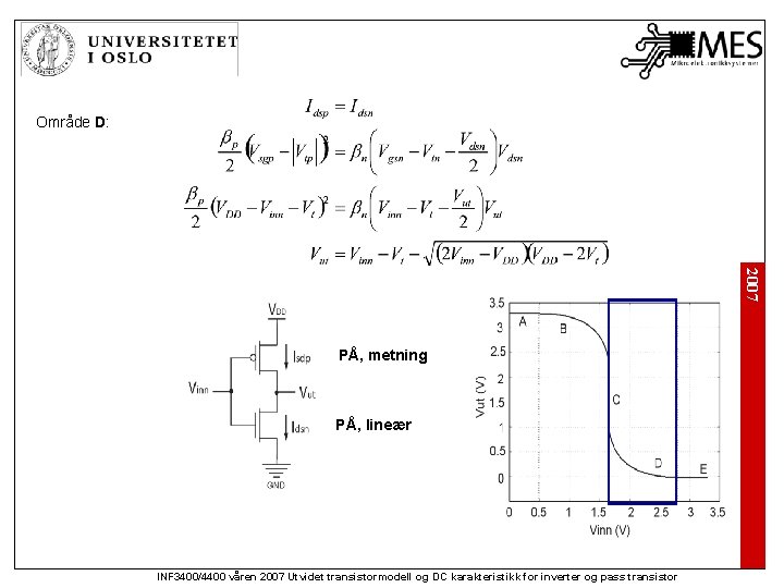 Område D: 2007 PÅ, metning PÅ, lineær INF 3400/4400 våren 2007 Utvidet transistormodell og
