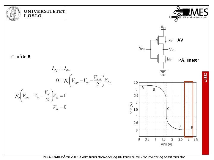 AV Område E: PÅ, lineær 2007 INF 3400/4400 våren 2007 Utvidet transistormodell og DC