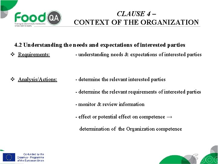 CLAUSE 4 – CONTEXT OF THE ORGANIZATION 4. 2 Understanding the needs and expectations