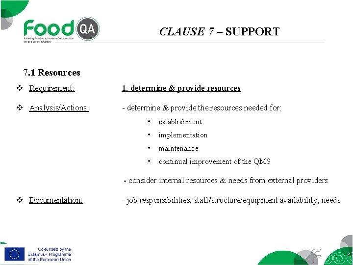 CLAUSE 7 – SUPPORT 7. 1 Resources v Requirement: 1. determine & provide resources
