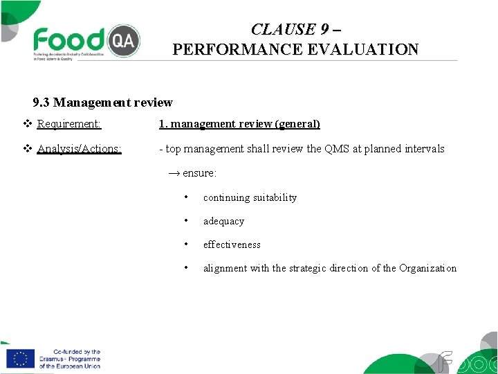 CLAUSE 9 – PERFORMANCE EVALUATION 9. 3 Management review v Requirement: 1. management review