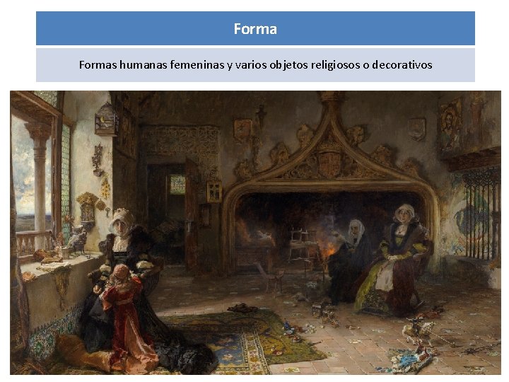 Formas humanas femeninas y varios objetos religiosos o decorativos 