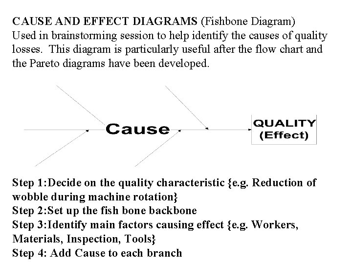 CAUSE AND EFFECT DIAGRAMS (Fishbone Diagram) Used in brainstorming session to help identify the